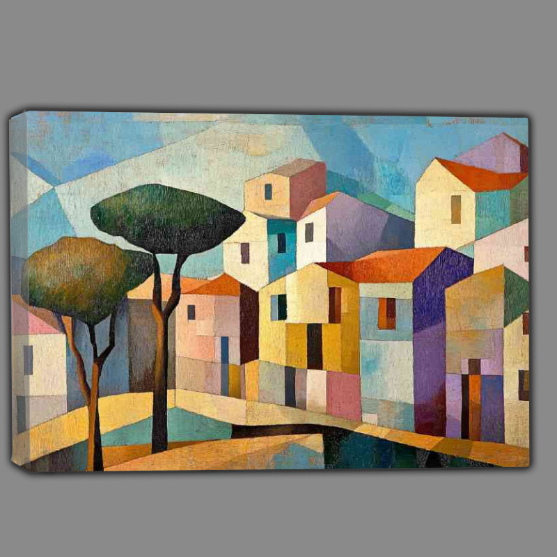 Buy Canvas : (Cubist painting of a small town with trees and buildings)