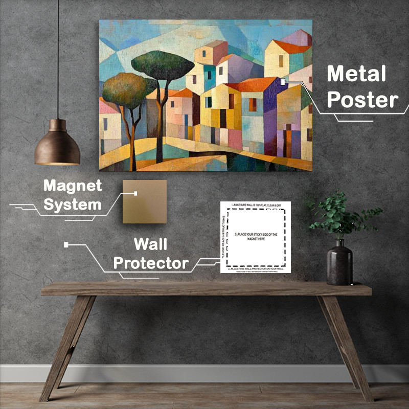 Buy Metal Poster : (Cubist painting of a small town with trees and buildings)