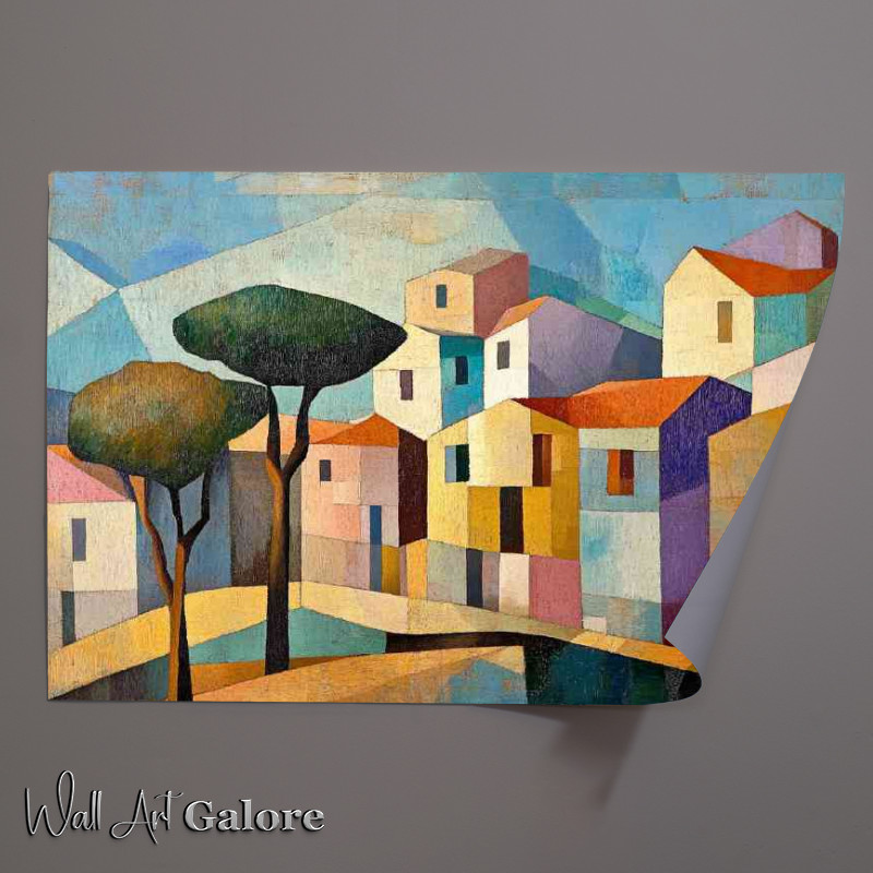 Buy Unframed Poster : (Cubist painting of a small town with trees and buildings)