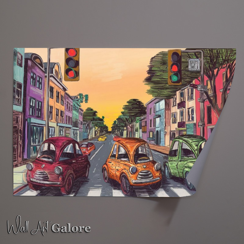 Buy Unframed Poster : (Vibrant urban street scene the three little cars)