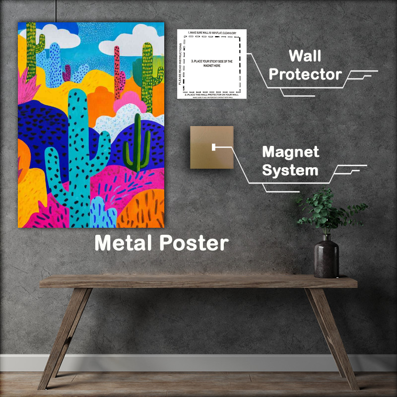 Buy Metal Poster : (A bold and colorful pattern of cacti in the desert)