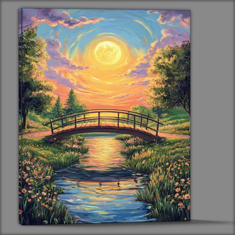 Buy Canvas : (Bridge over the river surrounded by trees and grass sun)