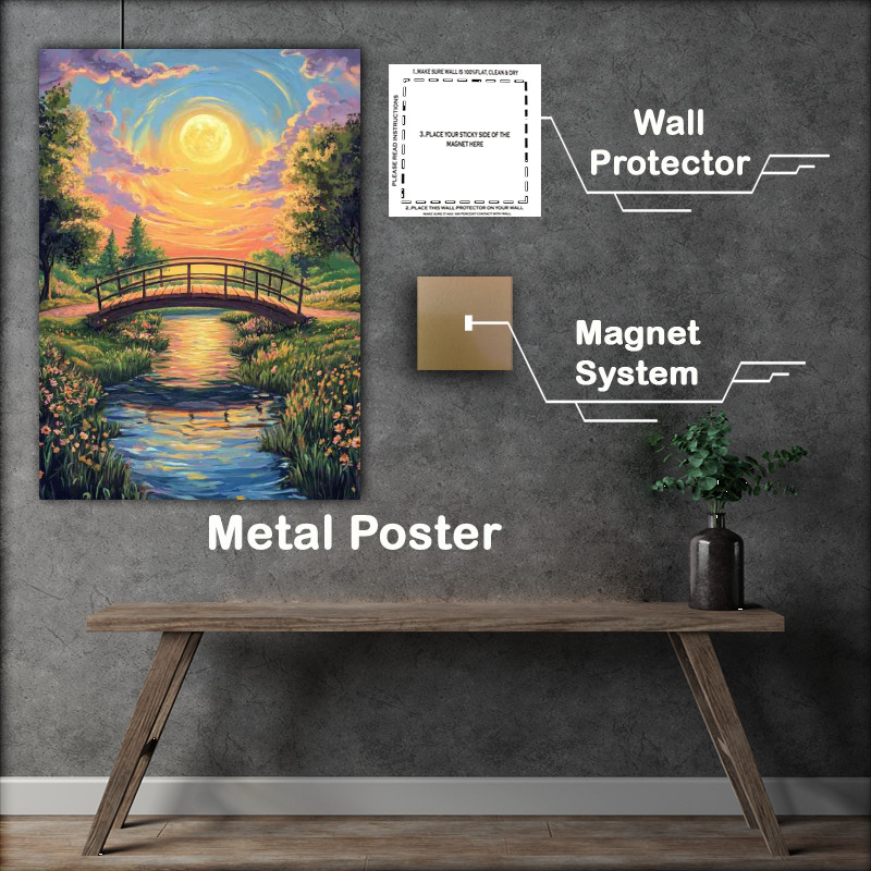 Buy Metal Poster : (Bridge over the river surrounded by trees and grass sun)