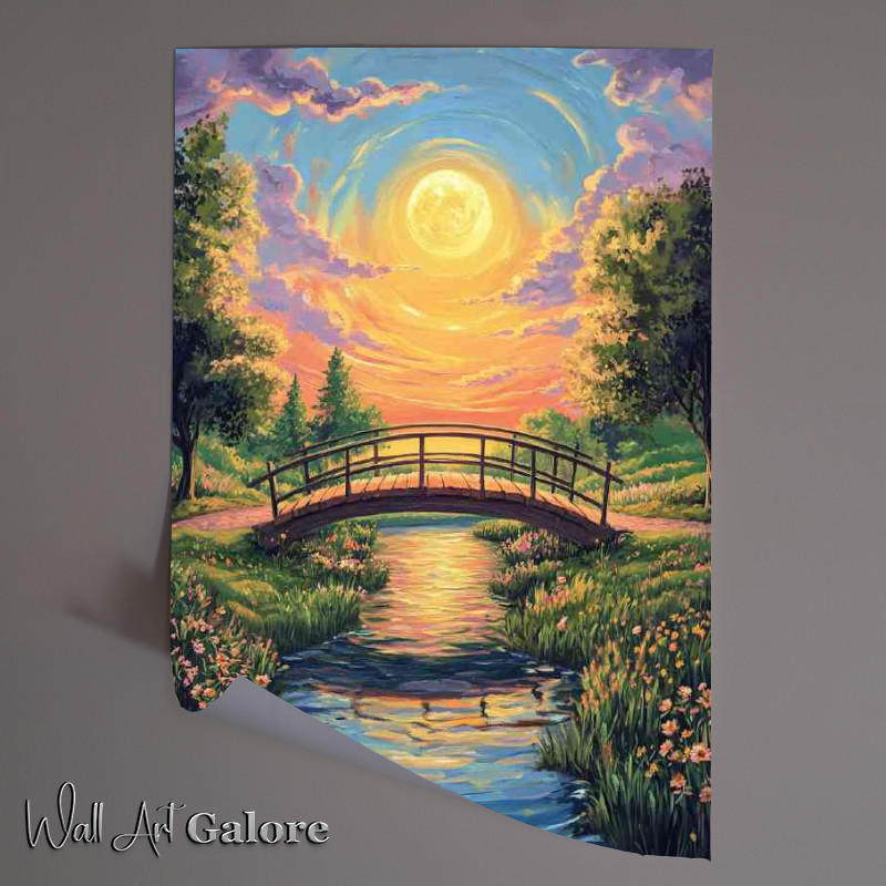 Buy Unframed Poster : (Bridge over the river surrounded by trees and grass sun)