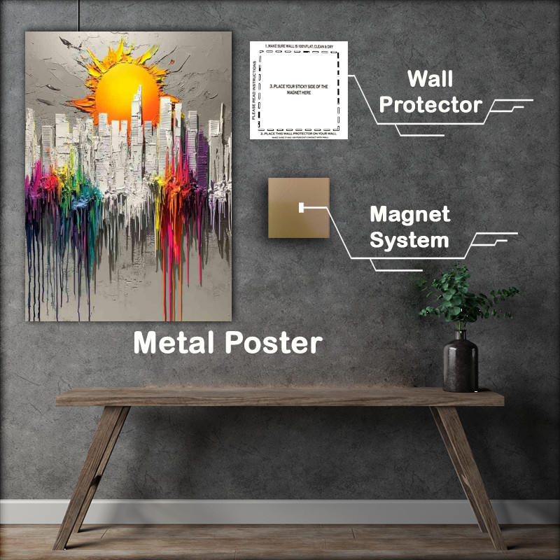 Buy Metal Poster : (Cityscape sun shine splashed painted colours)