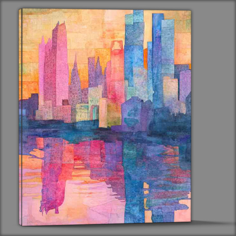 Buy Canvas : (Colorful watercolor collage of buildings and tall towers)