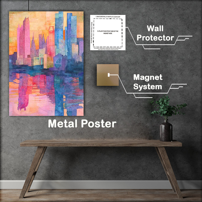 Buy Metal Poster : (Colorful watercolor collage of buildings and tall towers)
