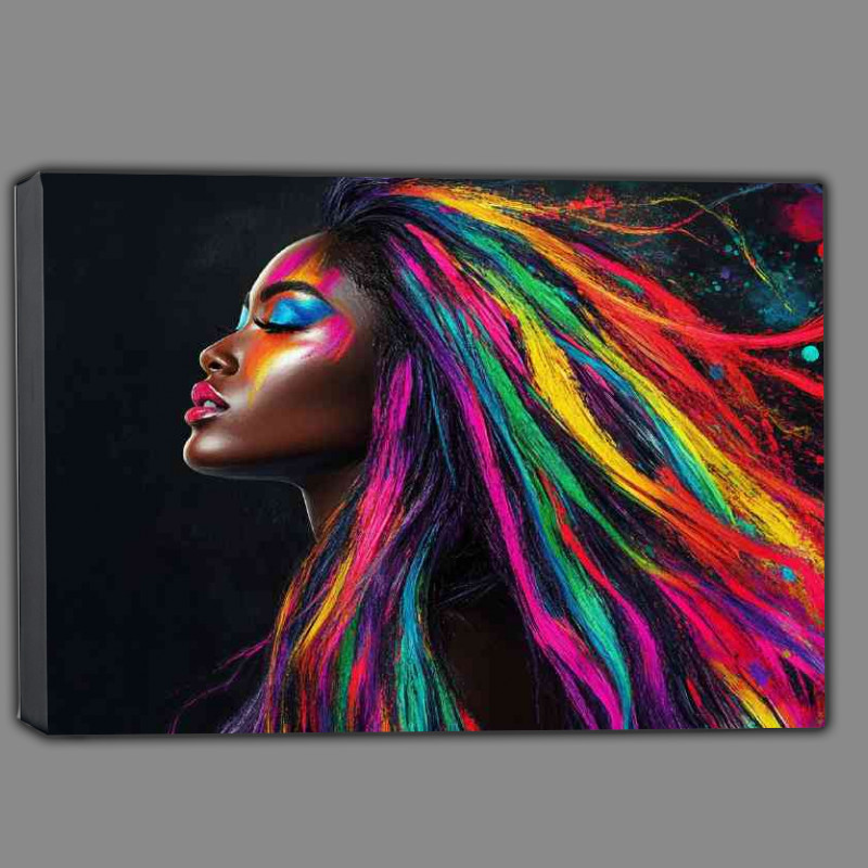 Buy Canvas : (Black woman with long colorful hair vibrant colors flowing)