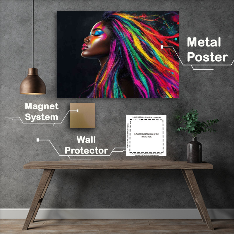 Buy Metal Poster : (Black woman with long colorful hair vibrant colors flowing)