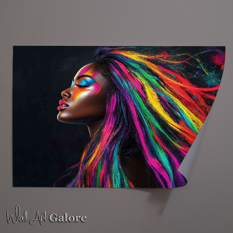 Buy Unframed Poster : (Black woman with long colorful hair vibrant colors flowing)