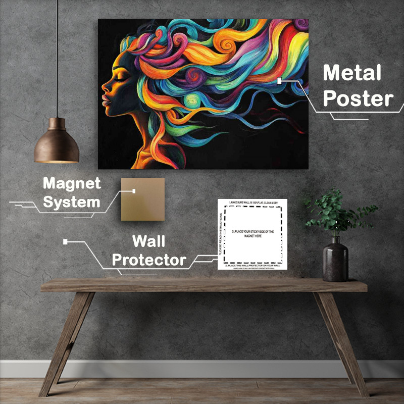 Buy Metal Poster : (Black woman with long colorful hair wavey flowing)