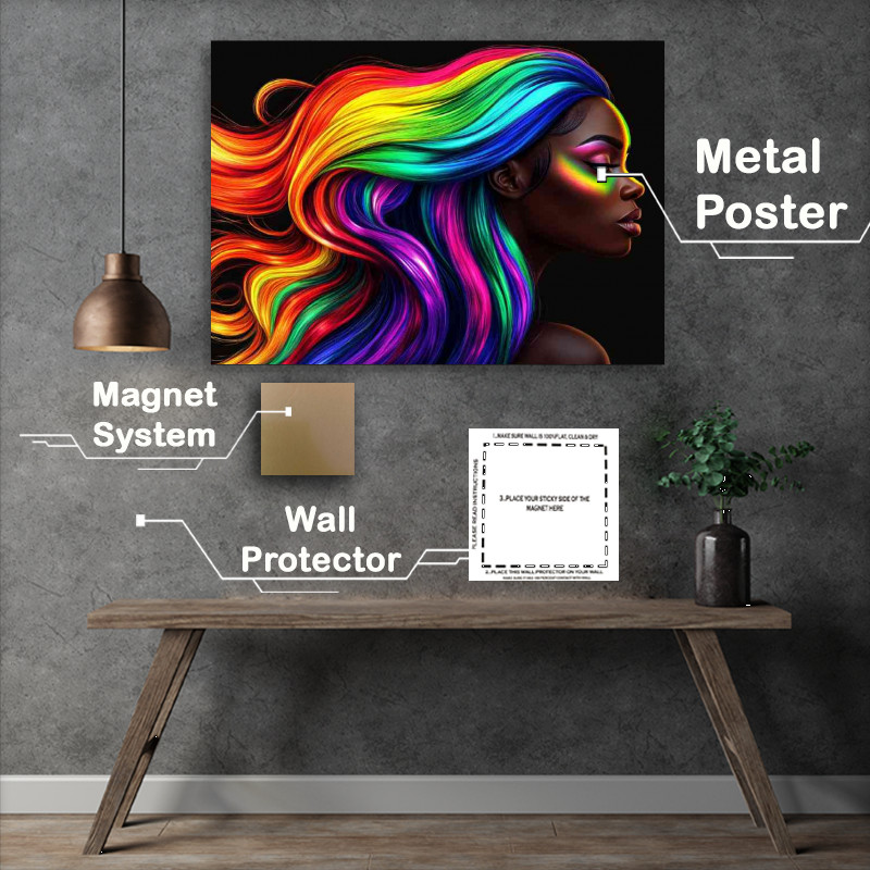 Buy Metal Poster : (Black woman with long vibrant colorful hair depicted)