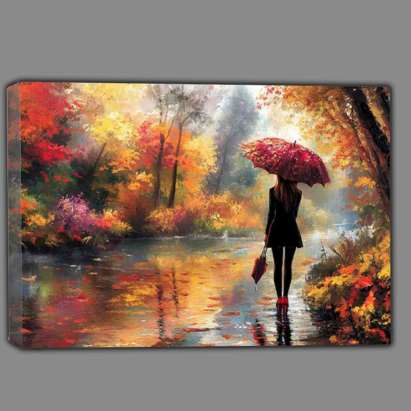 Buy Canvas : (Girl in high heels stands by the river holding an umberella)