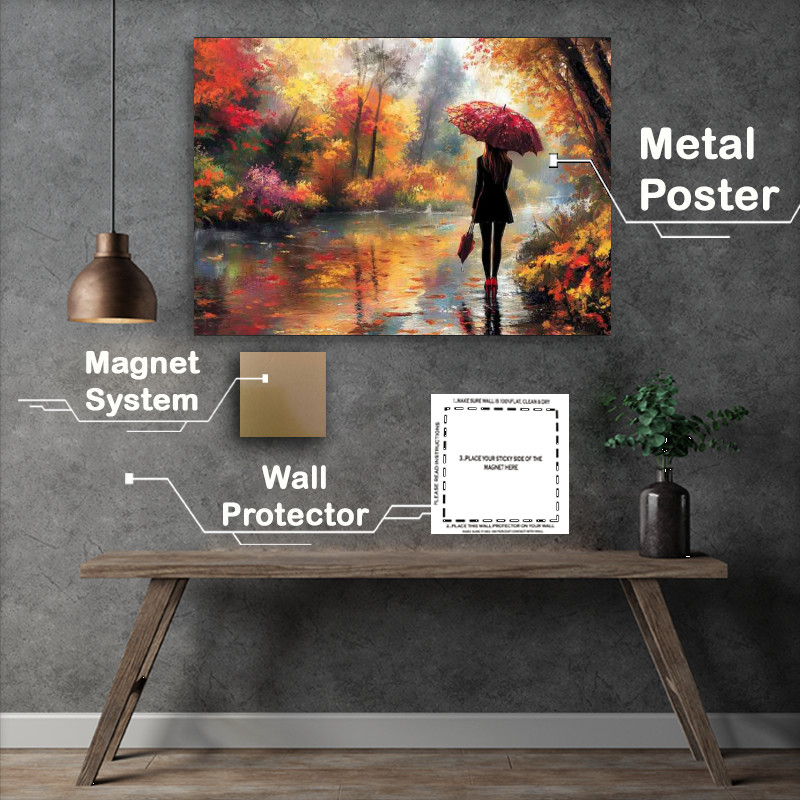 Buy Metal Poster : (Girl in high heels stands by the river holding an umberella)