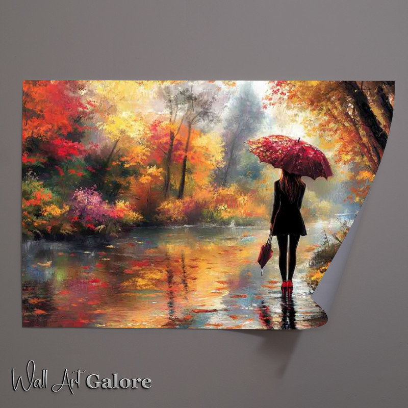 Buy Unframed Poster : (Girl in high heels stands by the river holding an umberella)