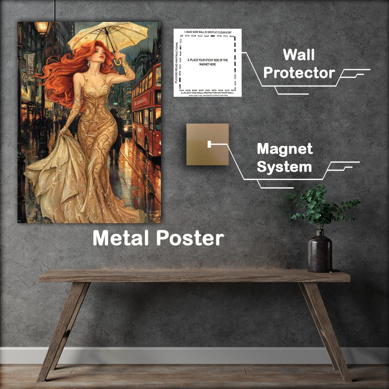 Buy Metal Poster : (Beautiful woman with long red hair in an elegant golden dress)