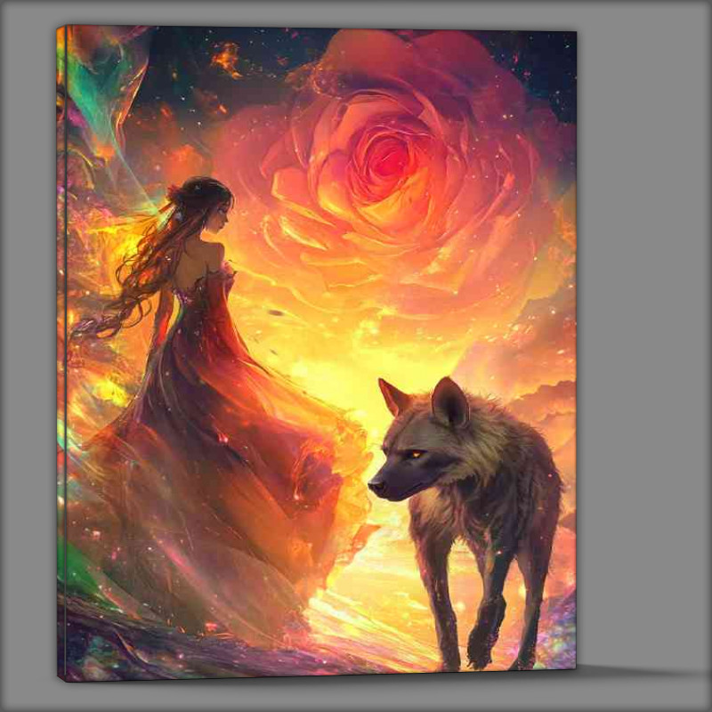 Buy Canvas : (Girl in a long dress and a hyena walking together towards flower)