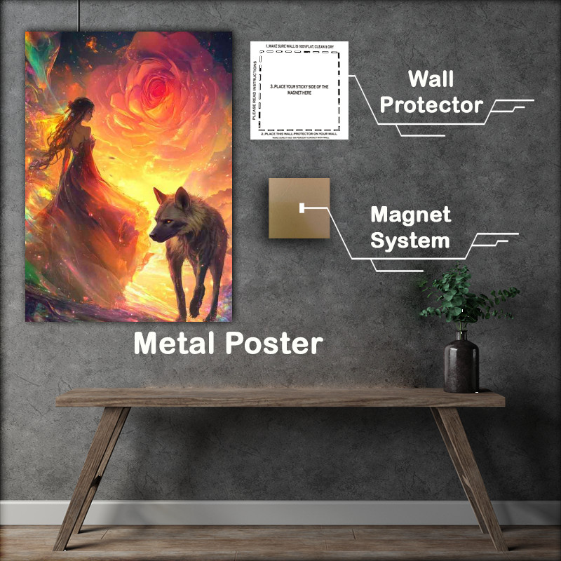 Buy Metal Poster : (Girl in a long dress and a hyena walking together towards flower)