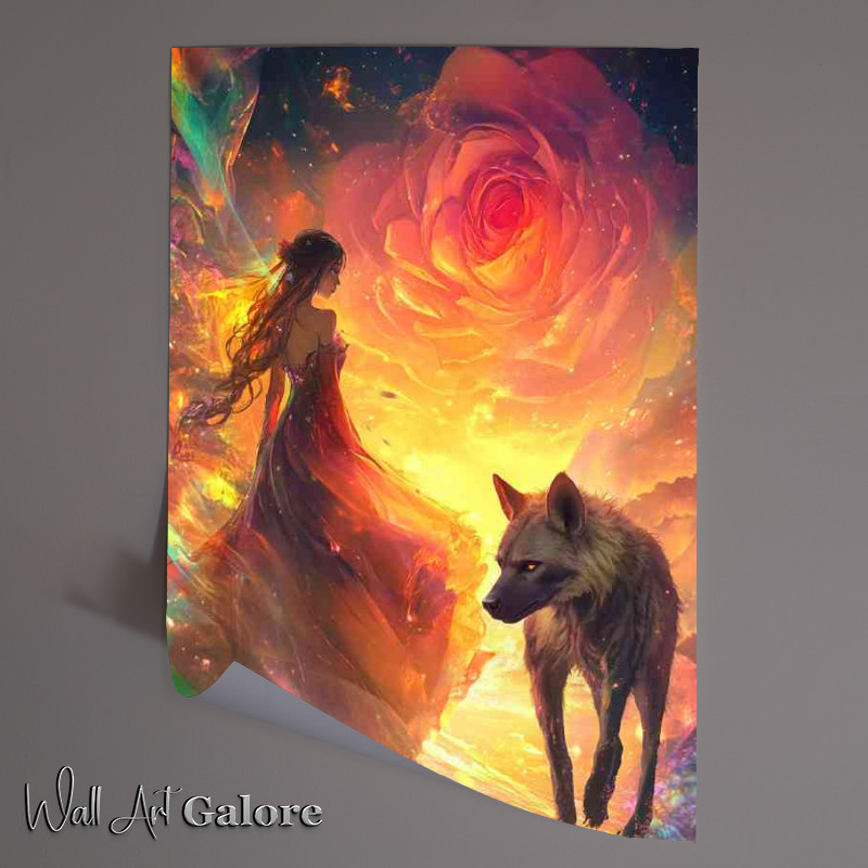 Buy Unframed Poster : (Girl in a long dress and a hyena walking together towards flower)