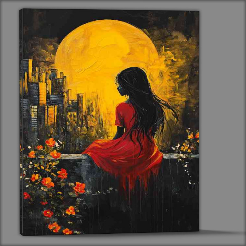 Buy Canvas : (Girl in a red dress sitting on a wall a painting yellow moon)