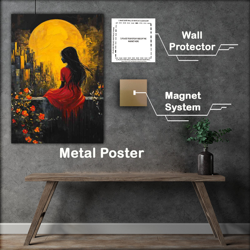 Buy Metal Poster : (Girl in a red dress sitting on a wall a painting yellow moon)