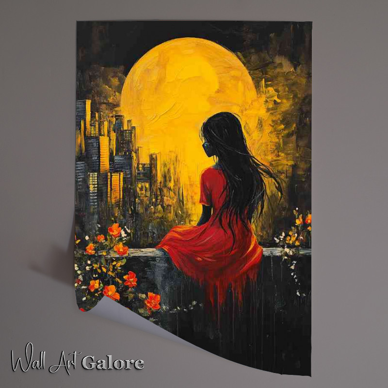 Buy Unframed Poster : (Girl in a red dress sitting on a wall a painting yellow moon)