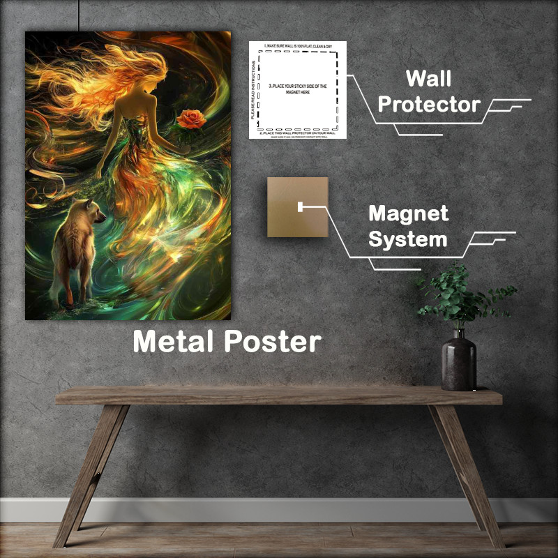 Buy Metal Poster : (Girl in an iridescent dress walks with the wolf)