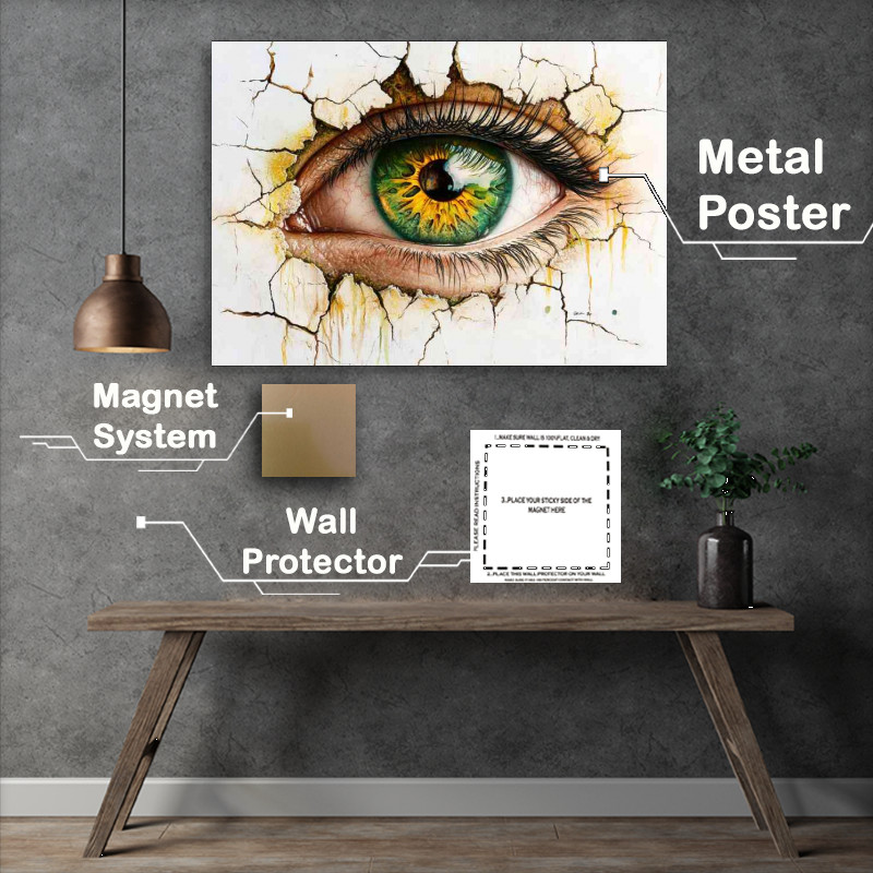 Buy Metal Poster : (Eye with green and yellow iris cracked wall art)