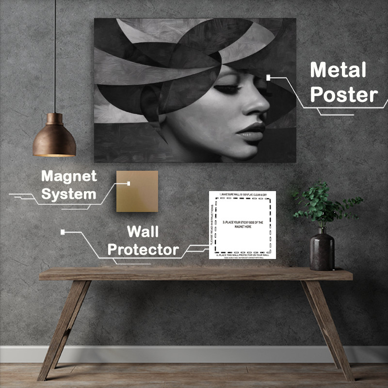 Buy Metal Poster : (Monochromatic portrait of a woman s face with shapes)