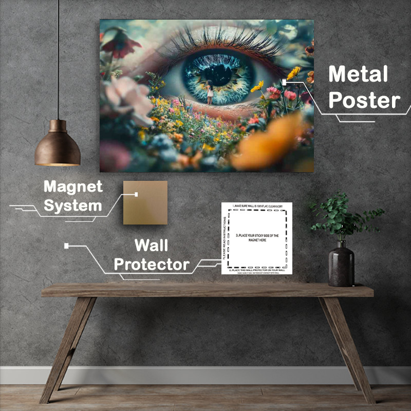 Buy Metal Poster : (Surreal photograph of an eye with a tiny girl standing)