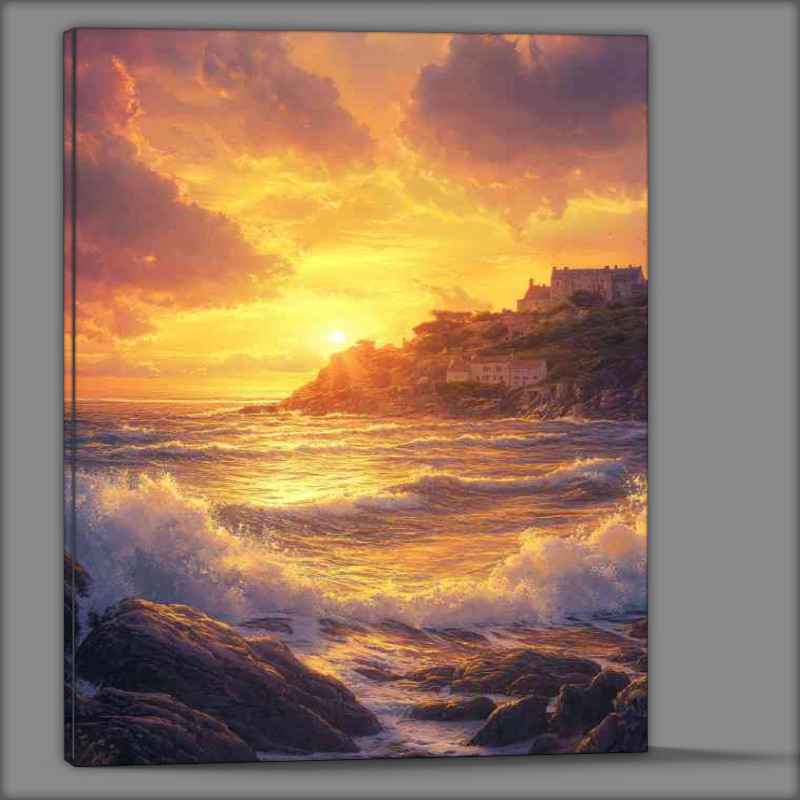 Buy Canvas : (A coastal sunset over the cliffs of Guernsey with wav 191f788c-9fe8-4ff4-b0e9-c9c57b42bb27)