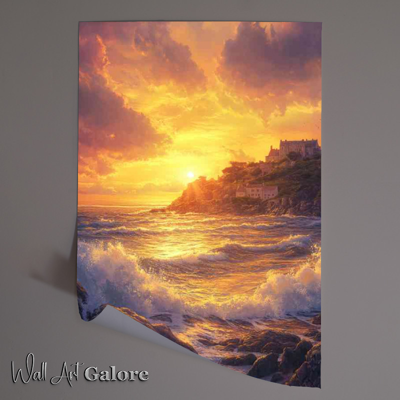 Buy Unframed Poster : (A coastal sunset over the cliffs of Guernsey with wav 191f788c-9fe8-4ff4-b0e9-c9c57b42bb27)