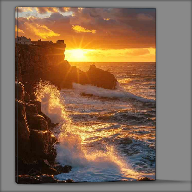 Buy Canvas : (A coastal sunset over the cliffs of Guernsey with wav 56d7ac25-8bdc-453e-8ec8-4935d4bca901)