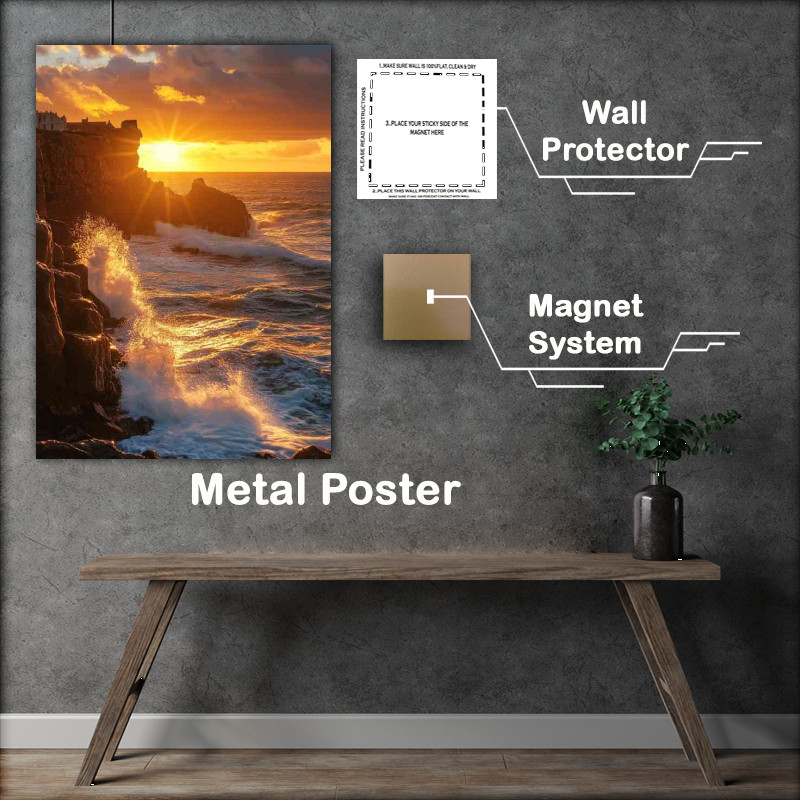 Buy Metal Poster : (A coastal sunset over the cliffs of Guernsey with wav 56d7ac25-8bdc-453e-8ec8-4935d4bca901)