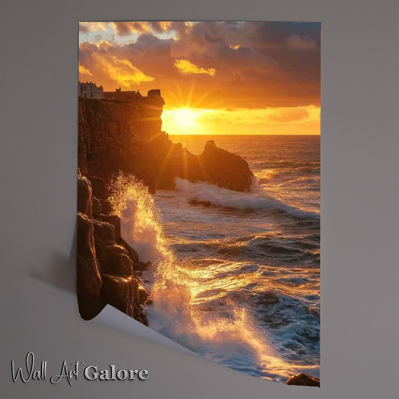 Buy Unframed Poster : (A coastal sunset over the cliffs of Guernsey with wav 56d7ac25-8bdc-453e-8ec8-4935d4bca901)