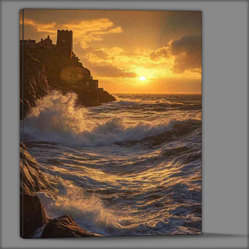 Buy Canvas : (A coastal sunset over the cliffs of Guernsey with wav b1ed7a92-98cc-4fe6-9523-819654b14ee3)