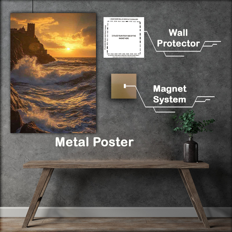 Buy Metal Poster : (A coastal sunset over the cliffs of Guernsey with wav b1ed7a92-98cc-4fe6-9523-819654b14ee3)