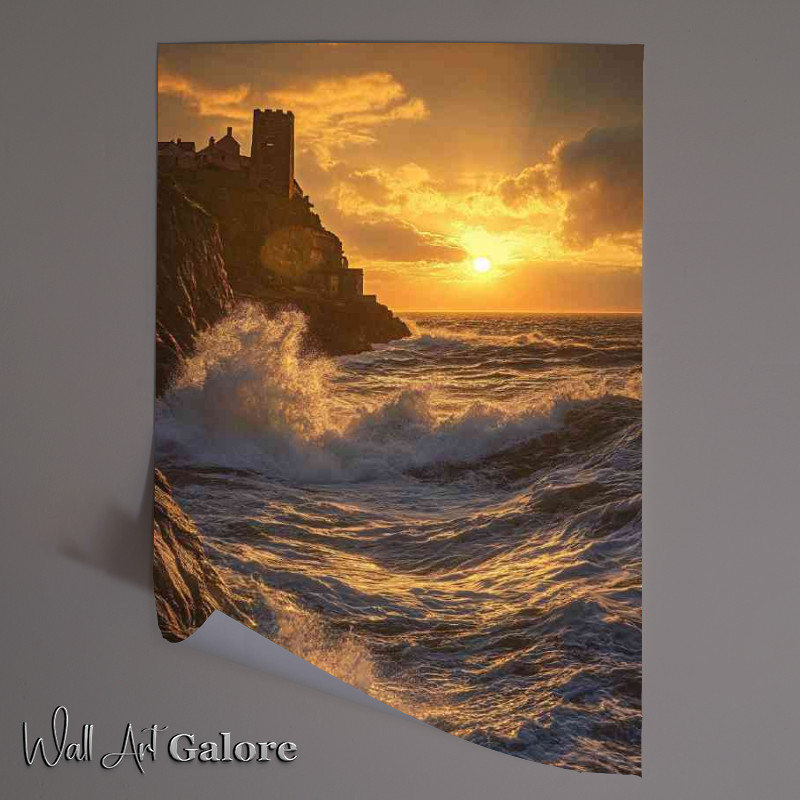 Buy Unframed Poster : (A coastal sunset over the cliffs of Guernsey with wav b1ed7a92-98cc-4fe6-9523-819654b14ee3)