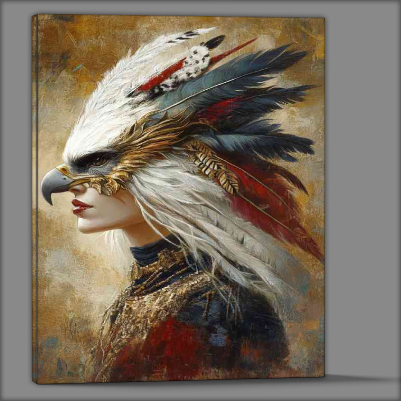 Buy Canvas : (A lady with bird with feathers in various colors)