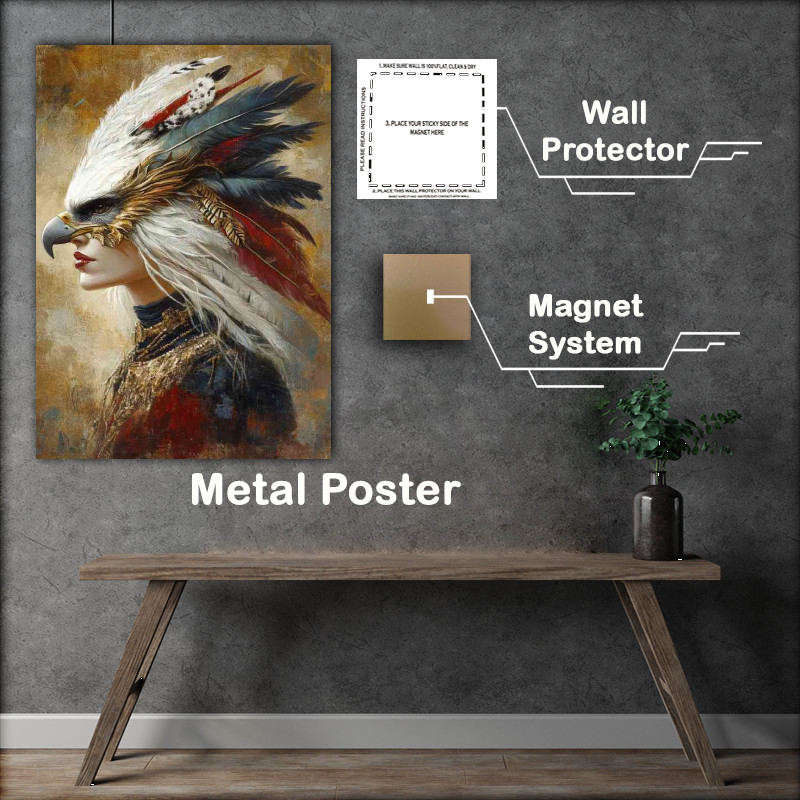 Buy Metal Poster : (A lady with bird with feathers in various colors)