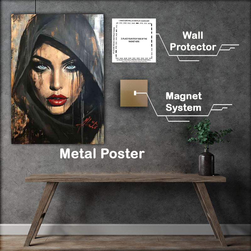 Buy Metal Poster : (A portrait of an Iranian woman wearing a hood red lips)