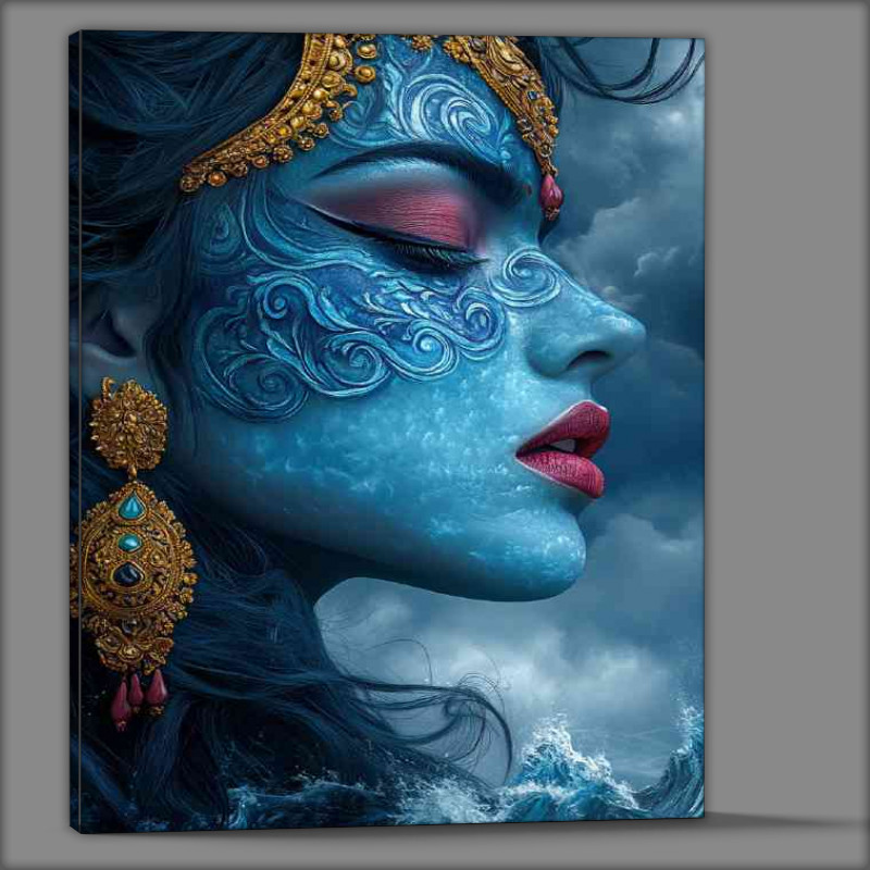 Buy Canvas : (Beautiful Indian woman with blue skin ocean waves)