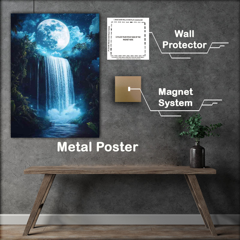 Buy Metal Poster : (Magical waterfall cascades down from the night blue sky)