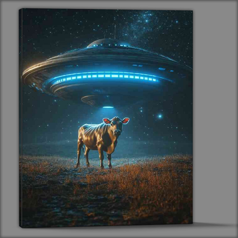 Buy Canvas : (Cow being abducted by an alien UFO night sky)
