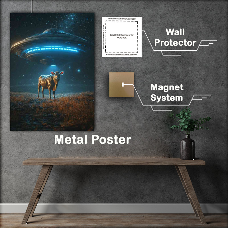 Buy Metal Poster : (Cow being abducted by an alien UFO night sky)