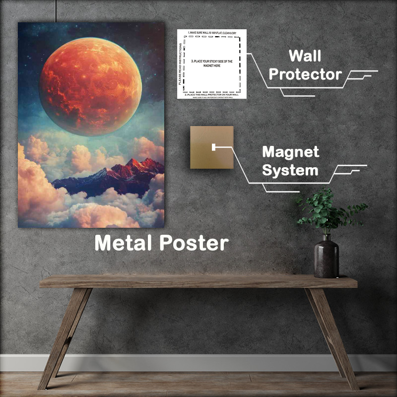 Buy Metal Poster : (Giant planet rising above the clouds a mountain)