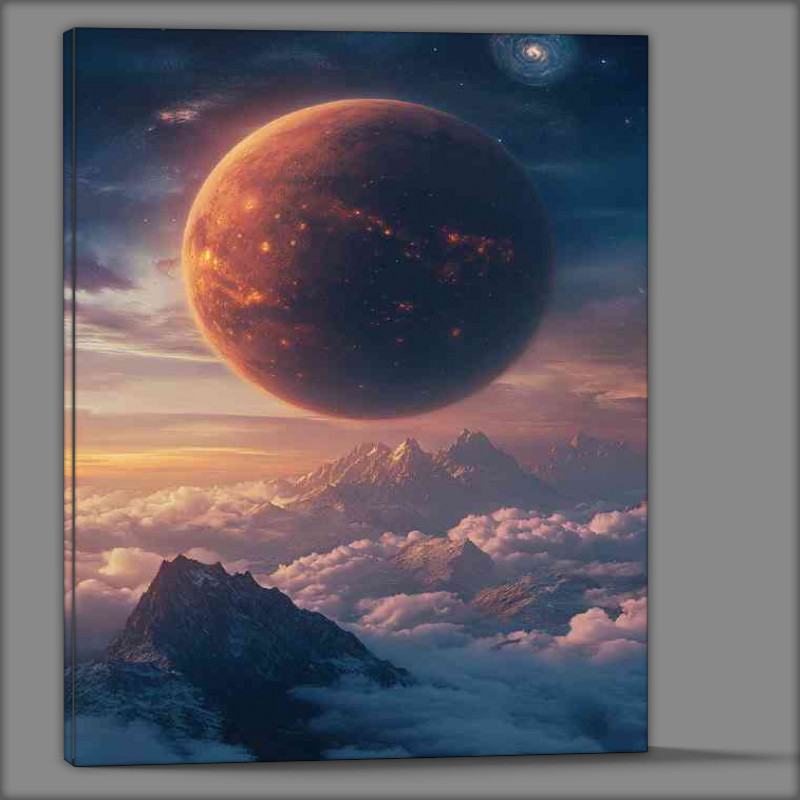 Buy Canvas : (Giant planet rising above the clouds a mountain range)