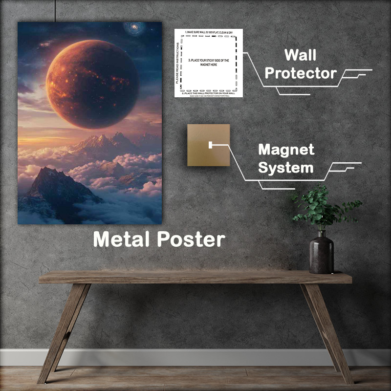 Buy Metal Poster : (Giant planet rising above the clouds a mountain range)