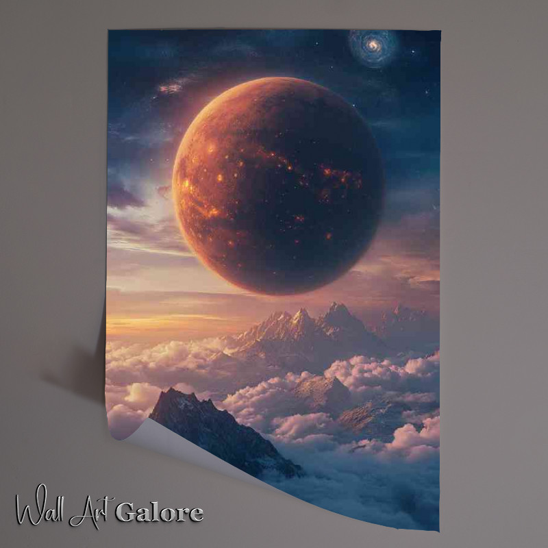 Buy Unframed Poster : (Giant planet rising above the clouds a mountain range)