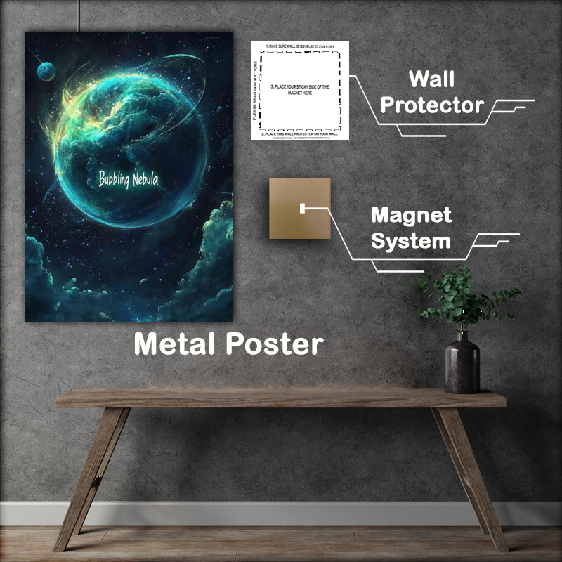 Buy Metal Poster : (Swirling blue and green nebulae text space series)